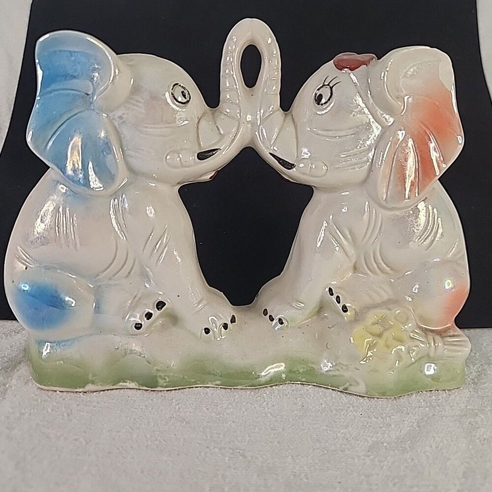 Elephants Kissing Porcelain Opalescent Lusterware Up Trunks Made in Brazil 70's